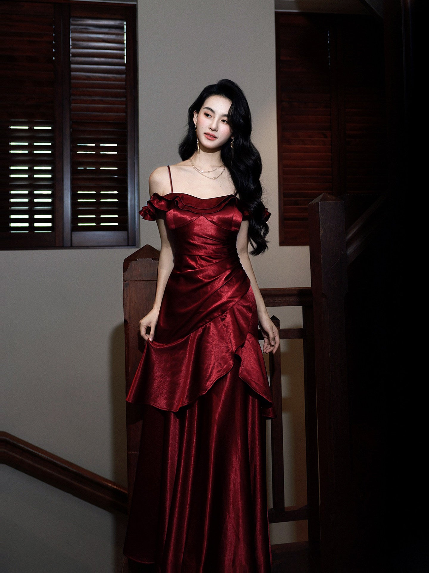 Spaghetti Strap Burgundy Satin Prom Dress Ruffled Formal Dress  P1106