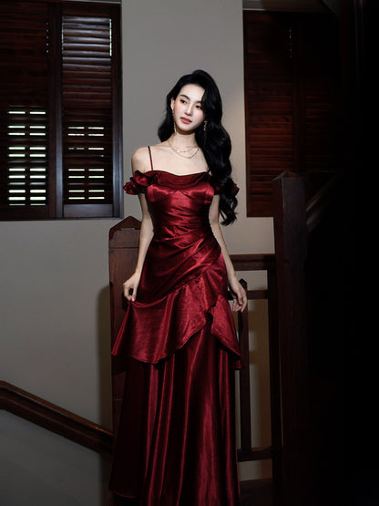 Spaghetti Strap Burgundy Satin Prom Dress Ruffled Formal Dress  P1106