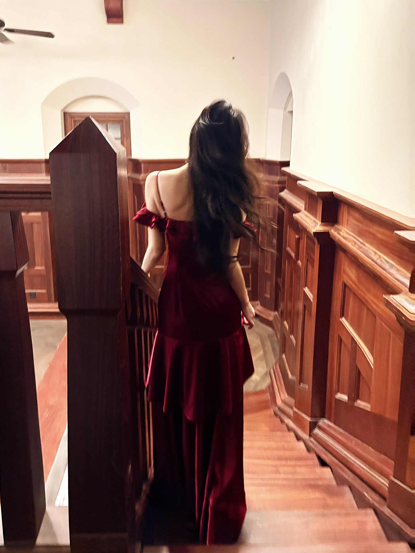 Spaghetti Strap Burgundy Satin Prom Dress Ruffled Formal Dress  P1106