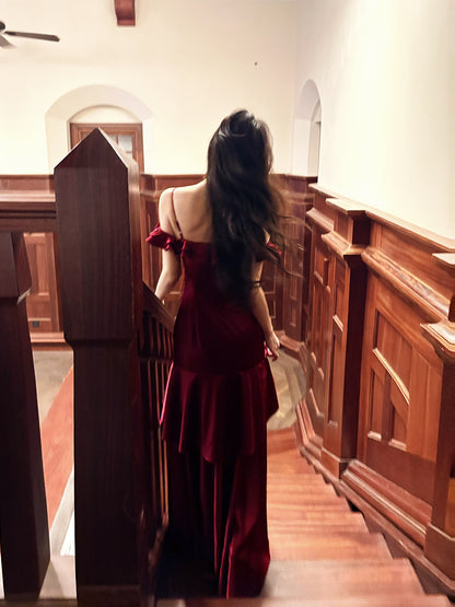 Spaghetti Strap Burgundy Satin Prom Dress Ruffled Formal Dress  P1106