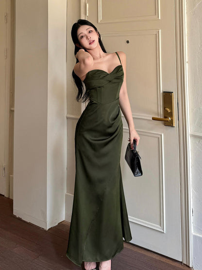 Spaghetti Strap Dark Green Sheath Satin Long Prom Dress  P940