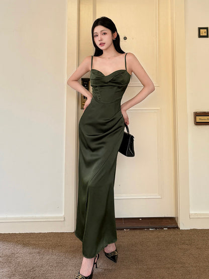 Spaghetti Strap Dark Green Sheath Satin Long Prom Dress  P940