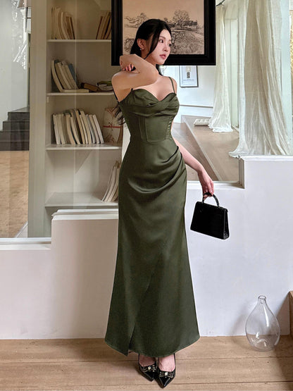 Spaghetti Strap Dark Green Sheath Satin Long Prom Dress  P940