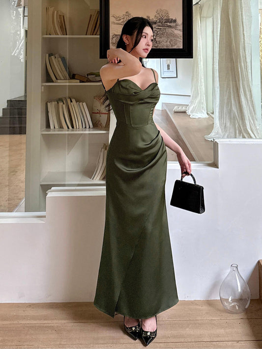 Spaghetti Strap Dark Green Sheath Satin Long Prom Dress  P940
