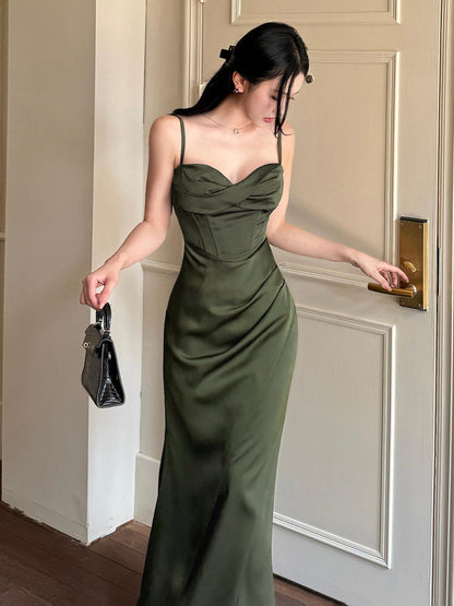 Spaghetti Strap Dark Green Sheath Satin Long Prom Dress  P940