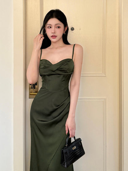 Spaghetti Strap Dark Green Sheath Satin Long Prom Dress  P940