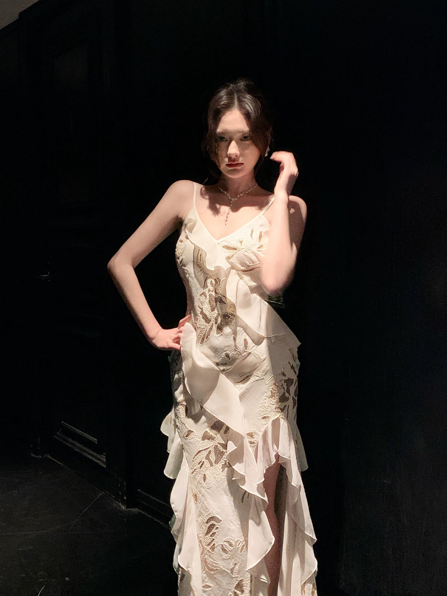 Spaghetti Strap Embroidered Sequined Dress with Ruffles   L110