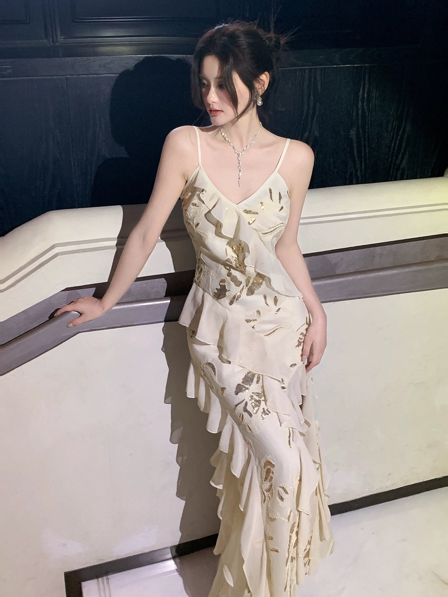 Spaghetti Strap Embroidered Sequined Dress with Ruffles   L110