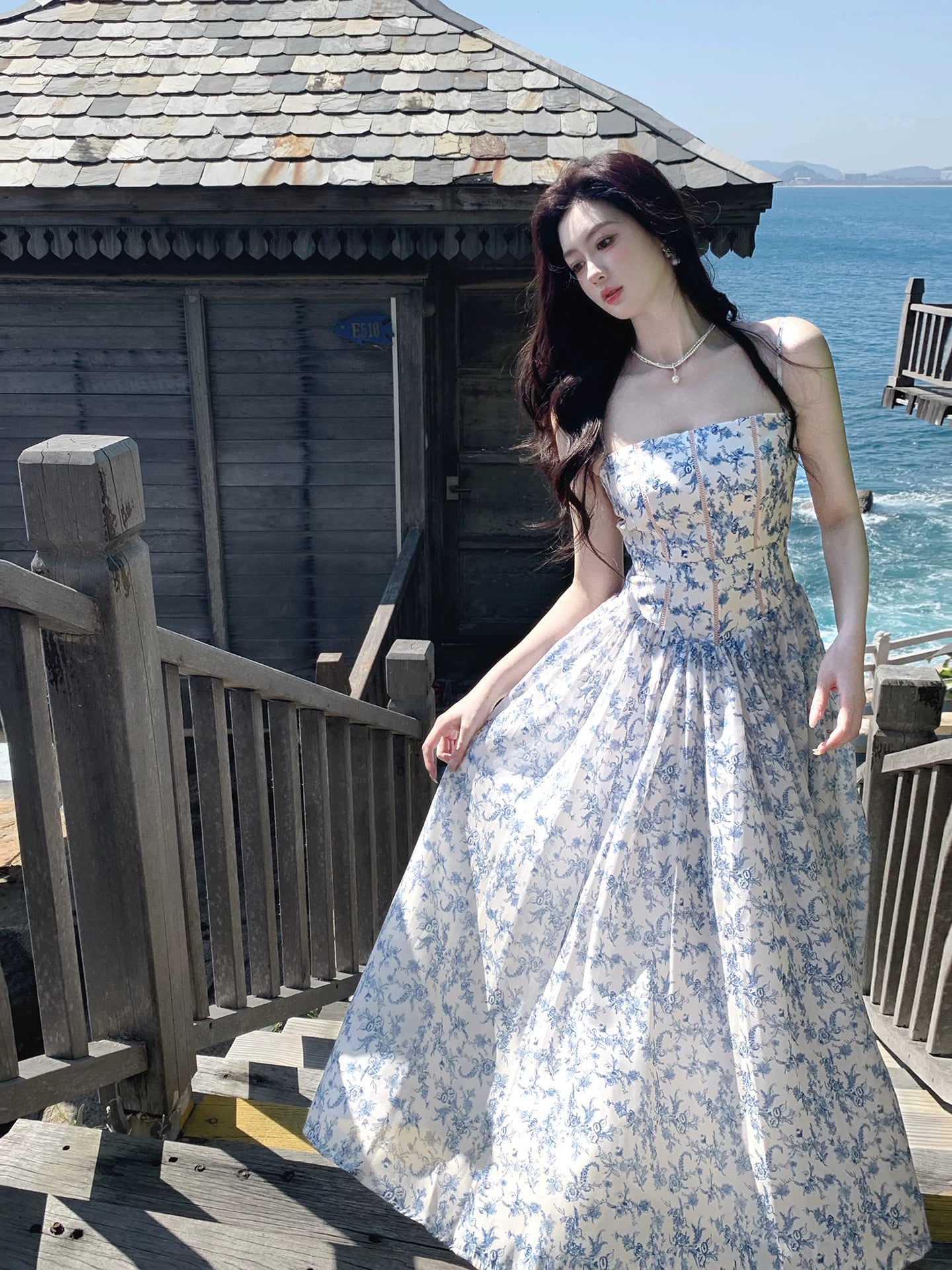Spaghetti Strap Floral A-line Maxi Dress Beach Vacation Dress  L112