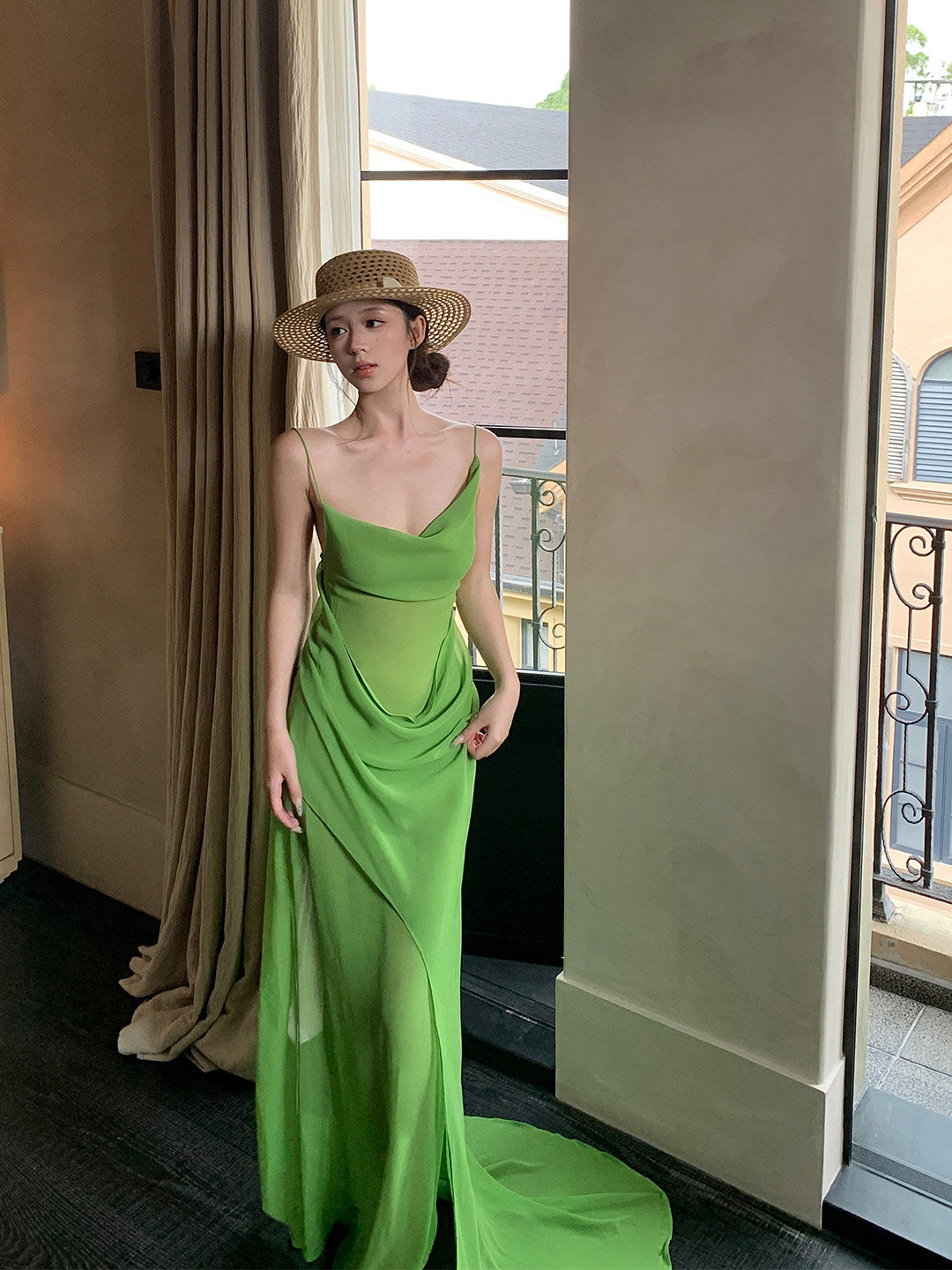 Spaghetti Strap Green Chiffon Formal Dress Summer Dress  L80