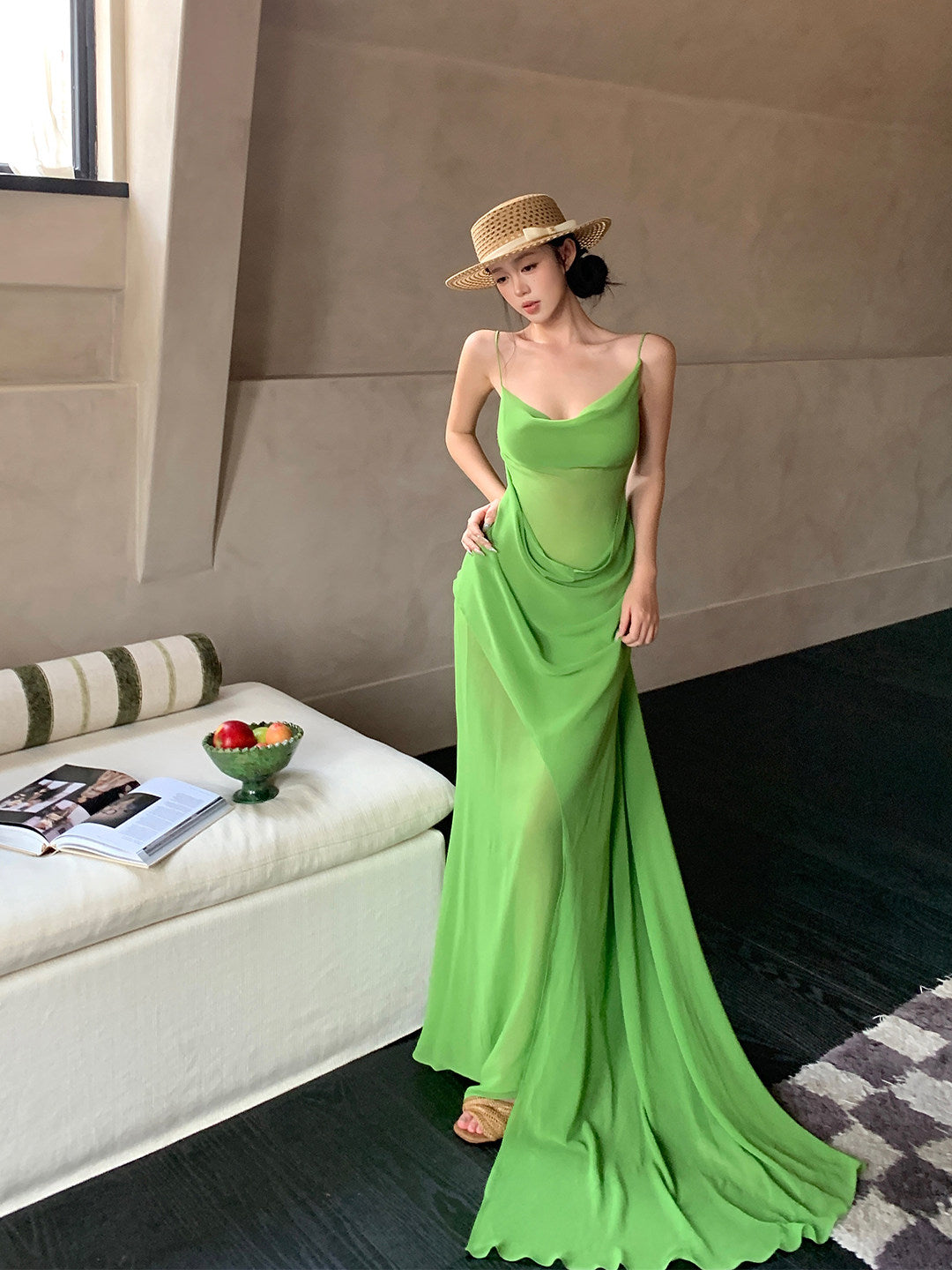 Spaghetti Strap Green Chiffon Formal Dress Summer Dress  L80