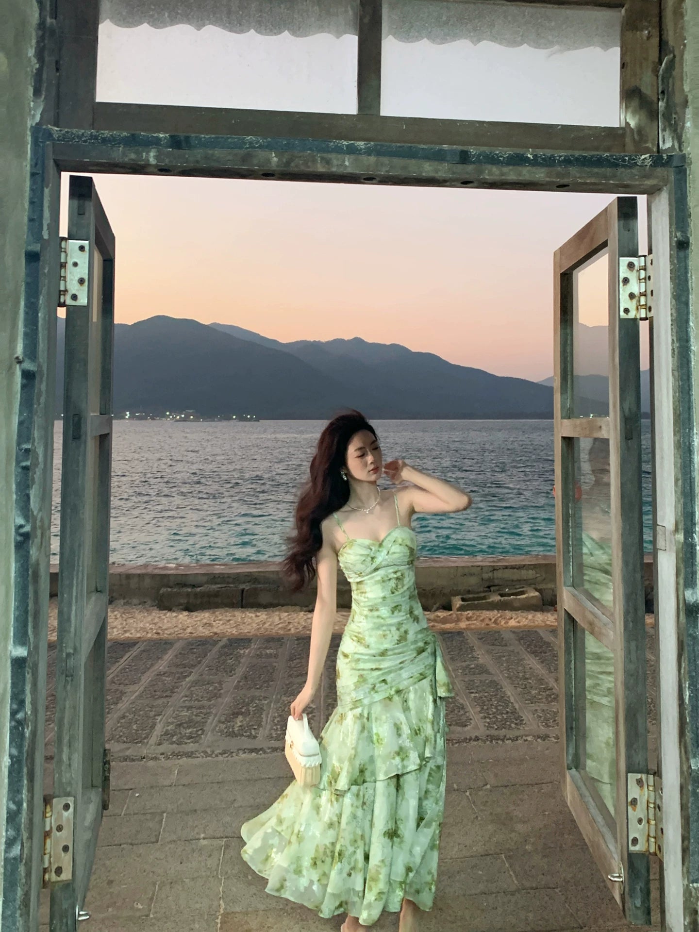 Spaghetti Strap Green Flora Wedding Guest Dress Sheath Prom Dress  L113