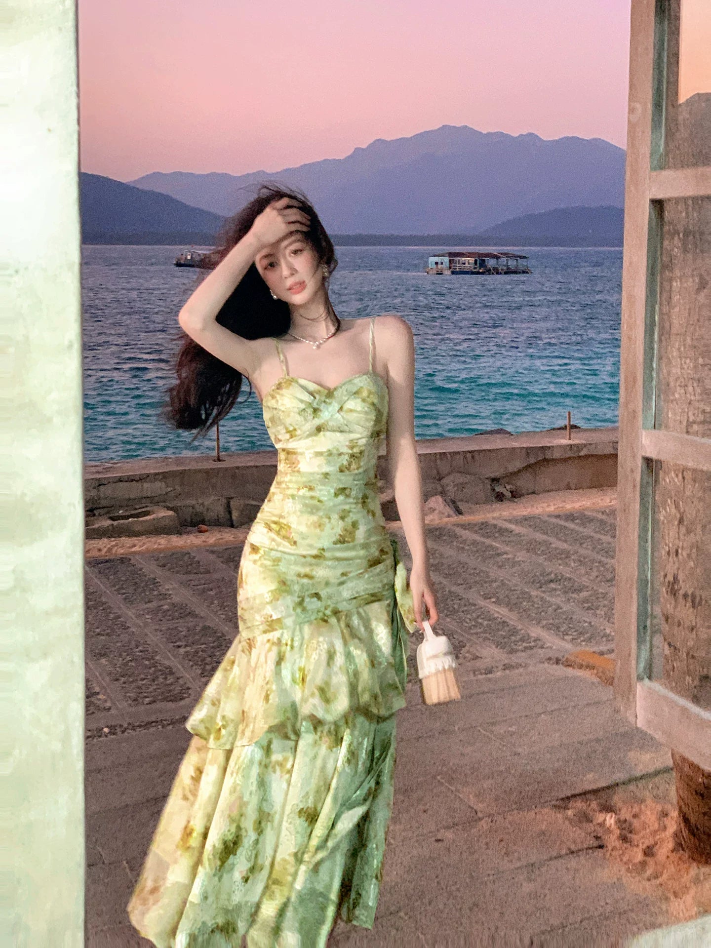 Spaghetti Strap Green Flora Wedding Guest Dress Sheath Prom Dress  L113