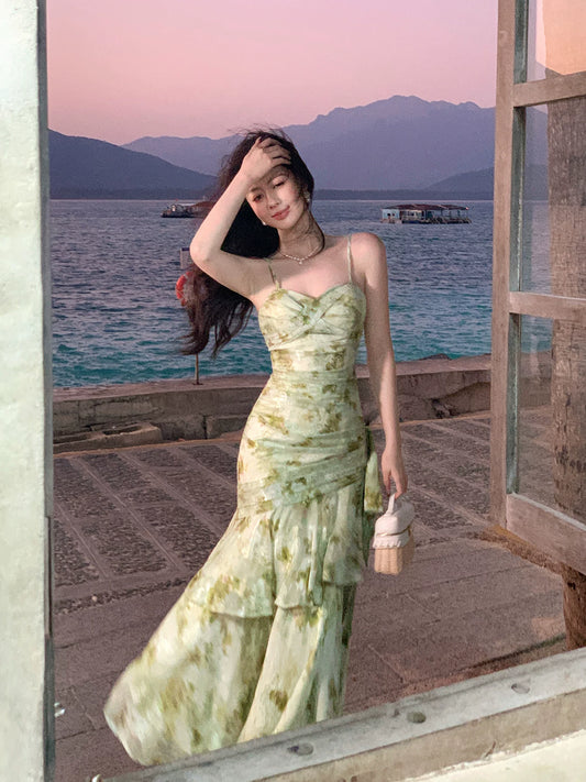 Spaghetti Strap Green Flora Wedding Guest Dress Sheath Prom Dress  L113