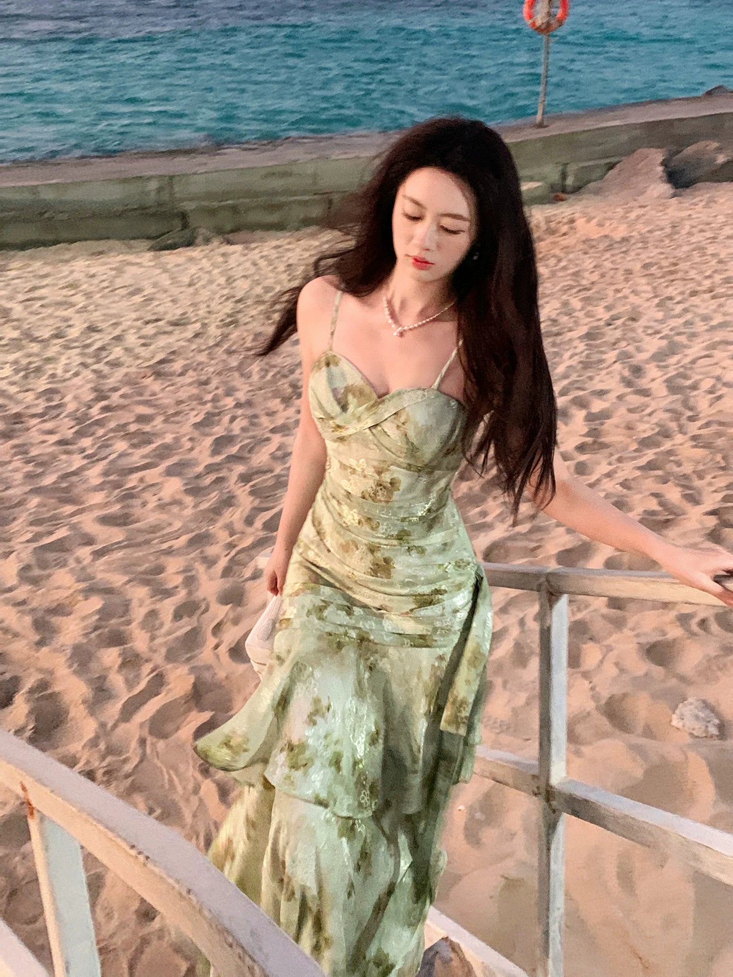 Spaghetti Strap Green Flora Wedding Guest Dress Sheath Prom Dress  L113