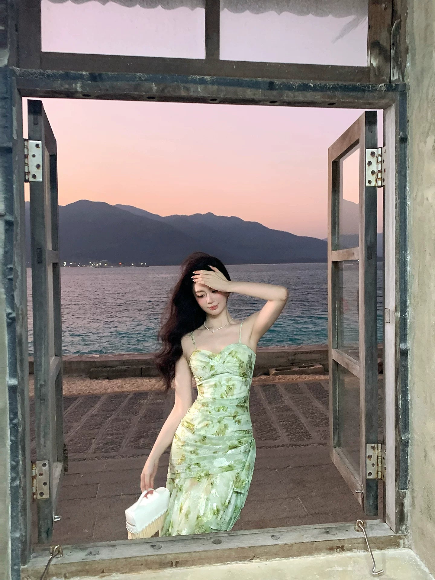Spaghetti Strap Green Flora Wedding Guest Dress Sheath Prom Dress  L113