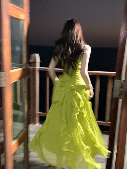 Spaghetti Strap Green Prom Dress Ruffled Chiffon Wedding Guest Dress  P1394