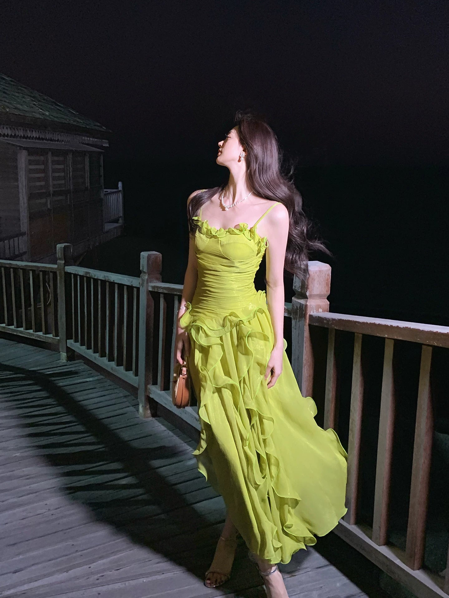 Spaghetti Strap Green Prom Dress Ruffled Chiffon Wedding Guest Dress  P1394