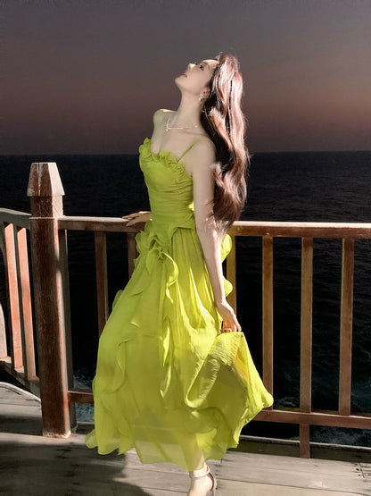 Spaghetti Strap Green Prom Dress Ruffled Chiffon Wedding Guest Dress  P1394