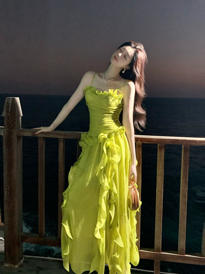 Spaghetti Strap Green Prom Dress Ruffled Chiffon Wedding Guest Dress  P1394
