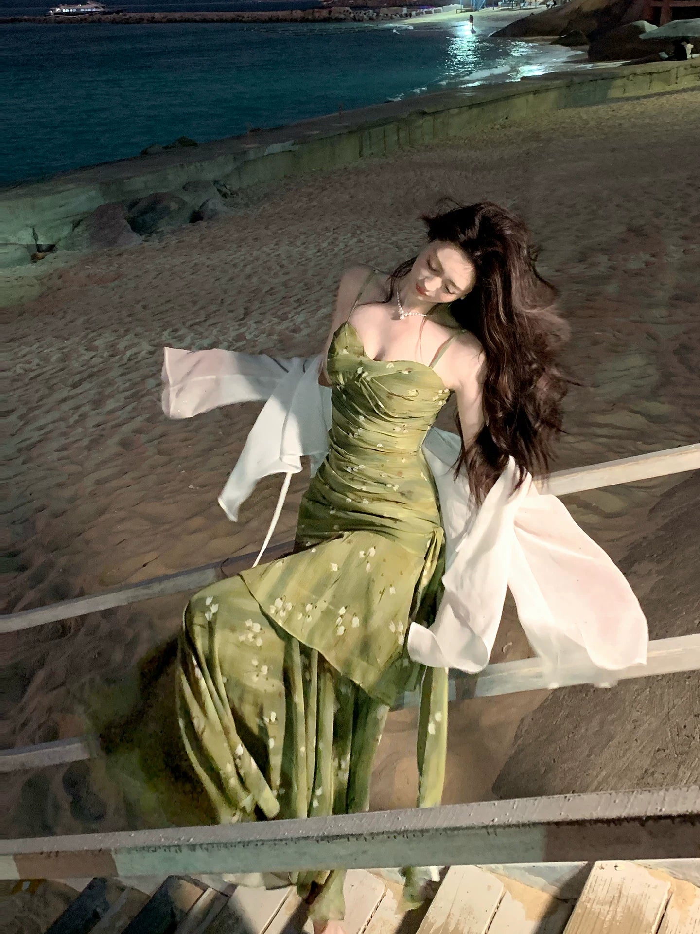 Spaghetti Strap Green Ruffled Prom Dress Sheath Evening Gown  L108