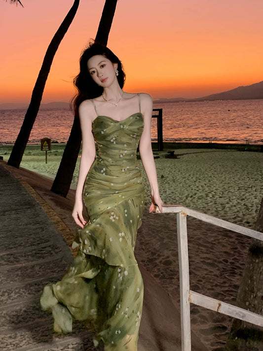 Spaghetti Strap Green Ruffled Prom Dress Sheath Evening Gown  L108