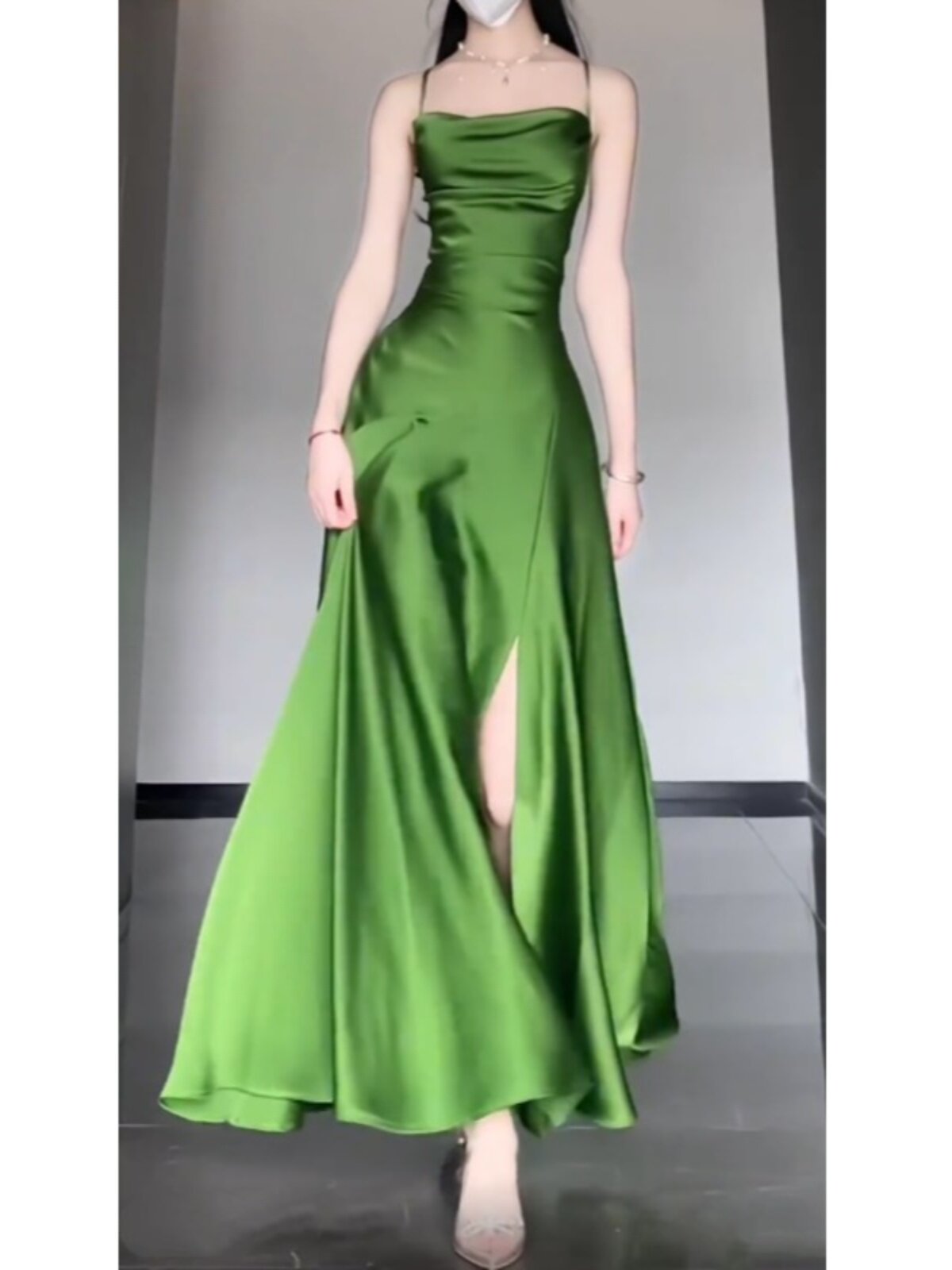 Spaghetti Strap Green Satin Long Prom Dress With Slit   P938