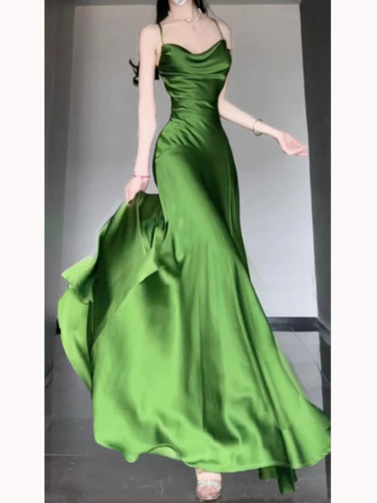 Spaghetti Strap Green Satin Long Prom Dress With Slit   P938