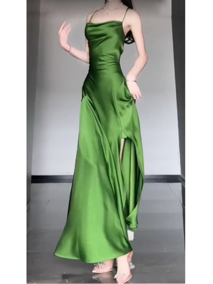 Spaghetti Strap Green Satin Long Prom Dress With Slit   P938