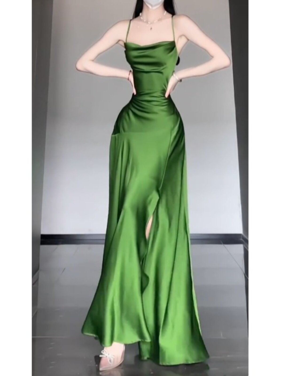 Spaghetti Strap Green Satin Long Prom Dress With Slit   P938