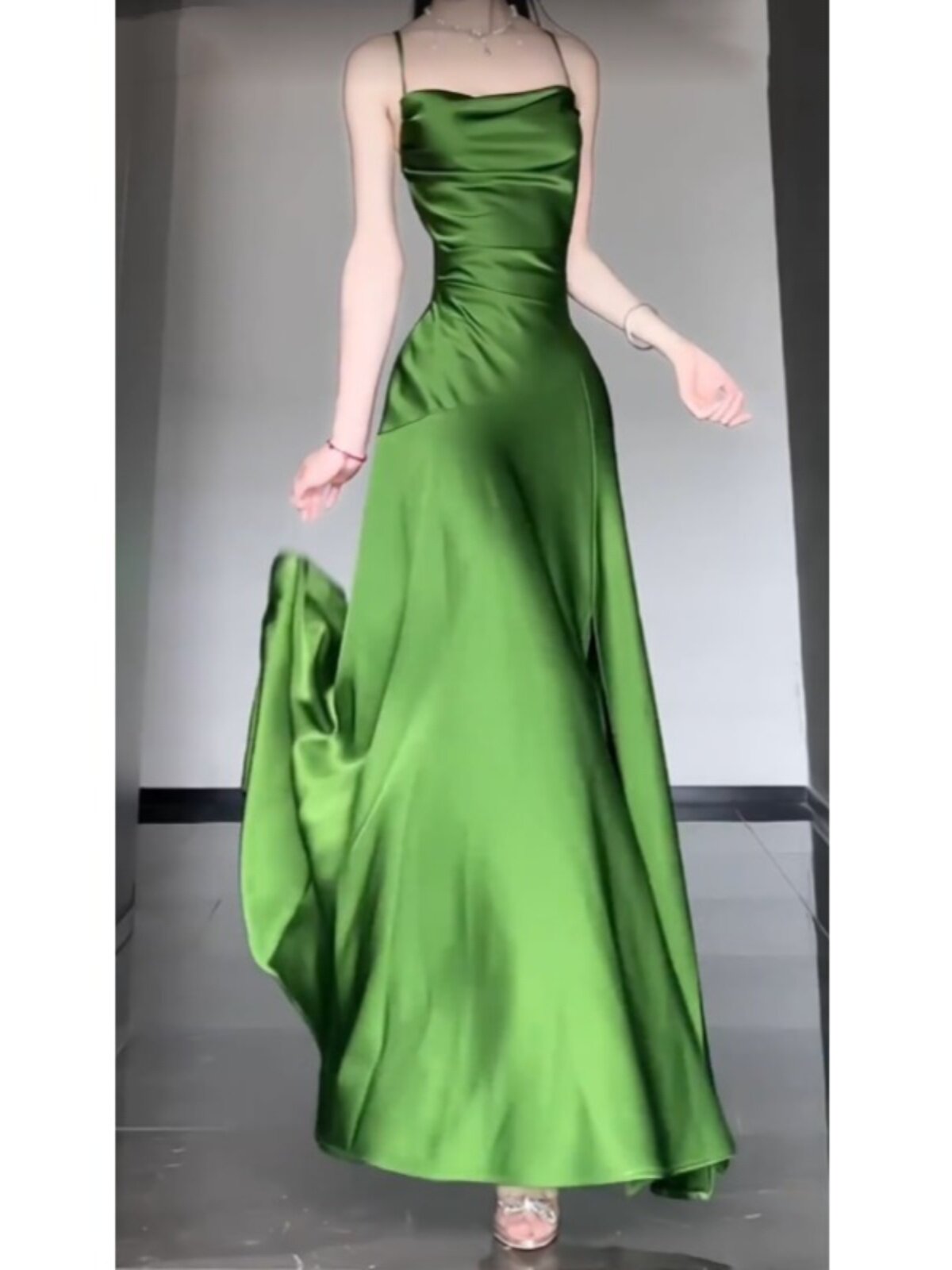 Spaghetti Strap Green Satin Long Prom Dress With Slit   P938