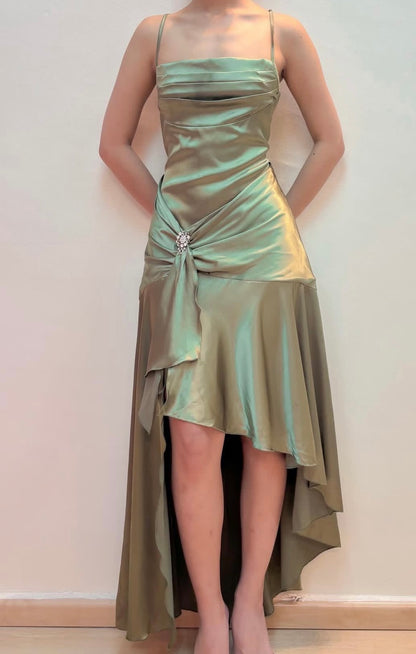 Spaghetti Strap Green Satin Prom Dress Formal Party Dress  P898