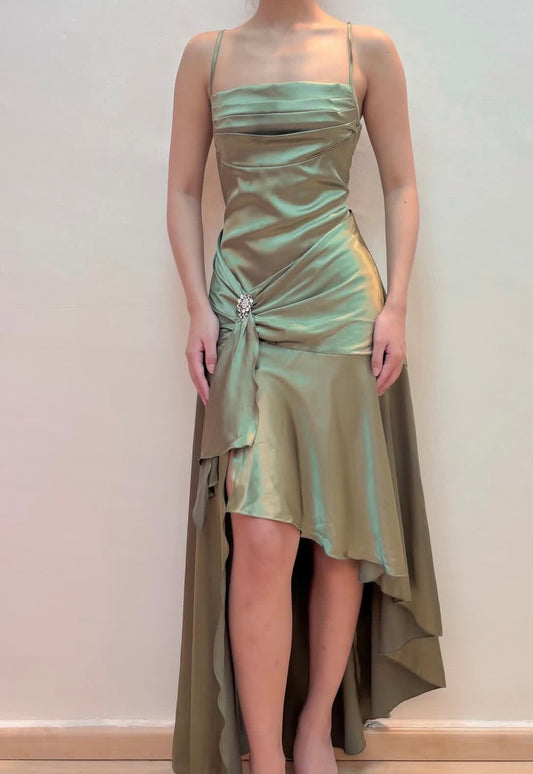 Spaghetti Strap Green Satin Prom Dress Formal Party Dress  P898