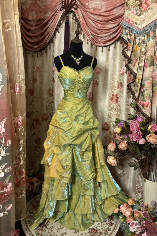 Spaghetti Strap Green Taffeta Vintage Formal Prom Dress  P1128