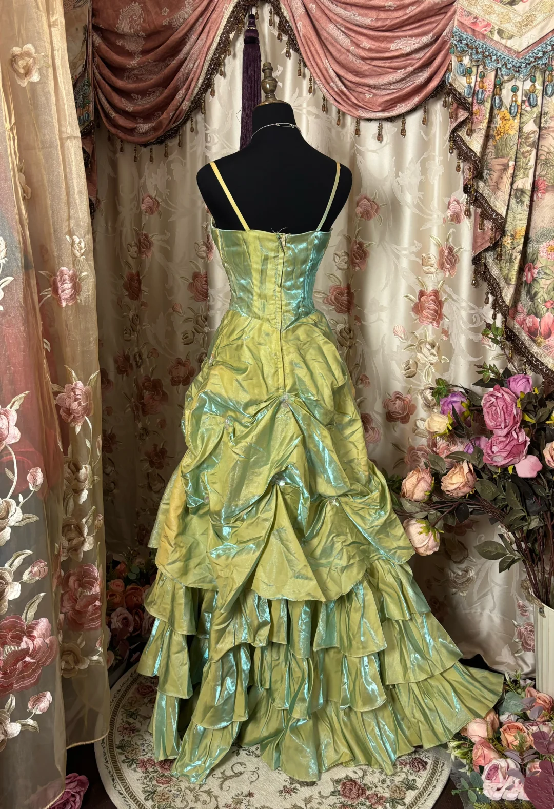 Spaghetti Strap Green Taffeta Vintage Formal Prom Dress  P1128