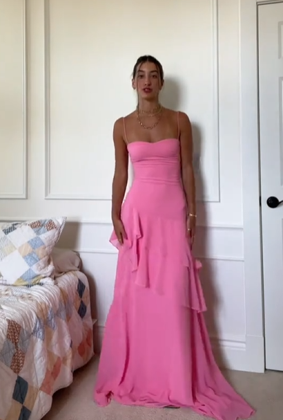 Spaghetti Strap Hot Pink Chiffon Prom Dress Ruffled Wedding Guest Dress  P984