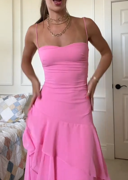 Spaghetti Strap Hot Pink Chiffon Prom Dress Ruffled Wedding Guest Dress  P984