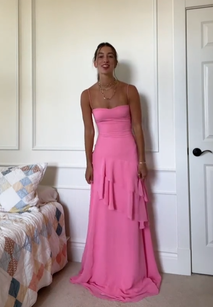 Spaghetti Strap Hot Pink Chiffon Prom Dress Ruffled Wedding Guest Dress  P984