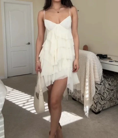 Spaghetti Strap Ivory Chiffon Homecoming Dress Layered Graduation Dress  P1338