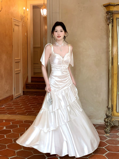 Spaghetti Strap Ivory Ruffled Graduation Dress Formal Prom Dress   P1250