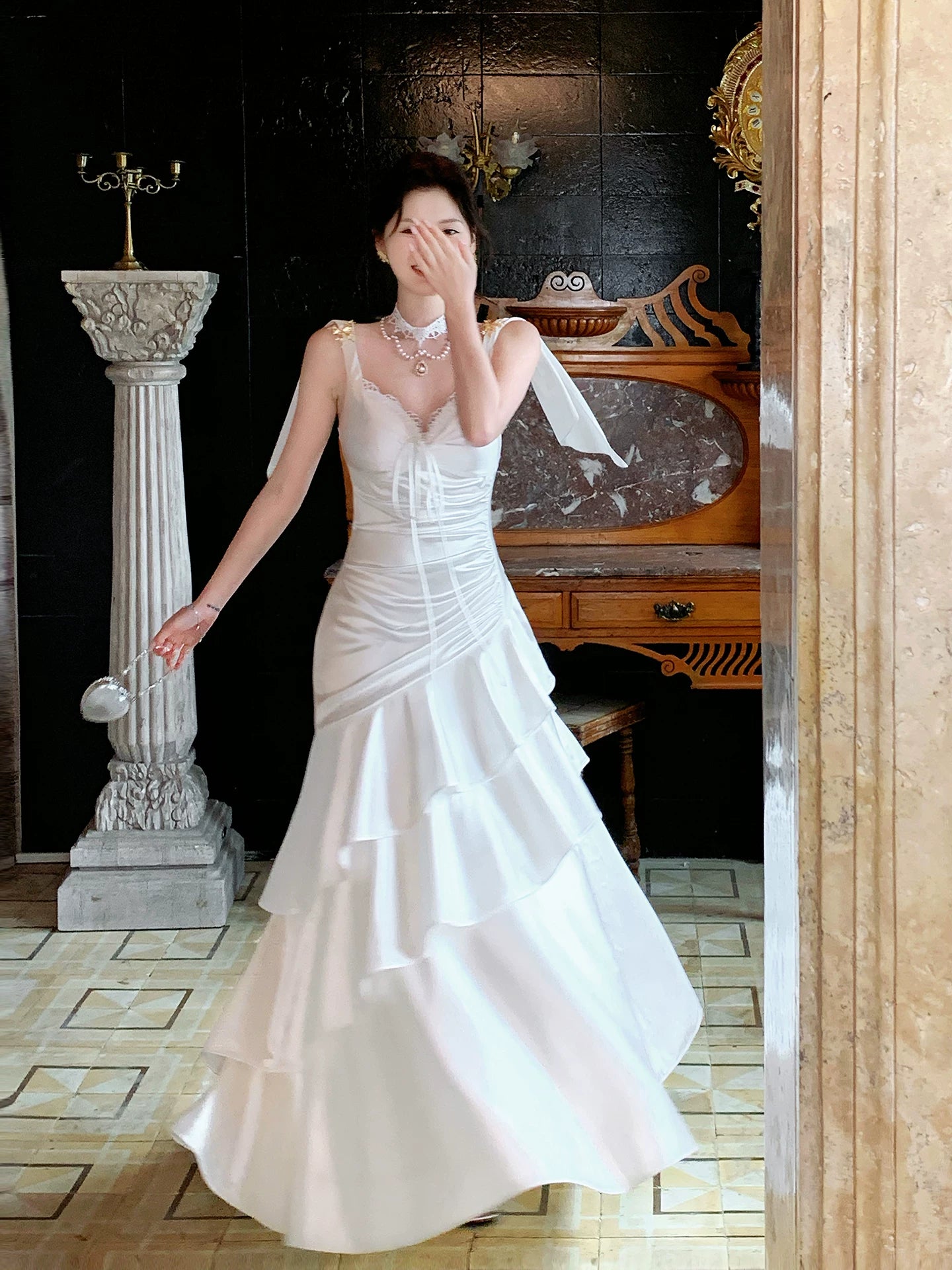 Spaghetti Strap Ivory Ruffled Graduation Dress Formal Prom Dress   P1250