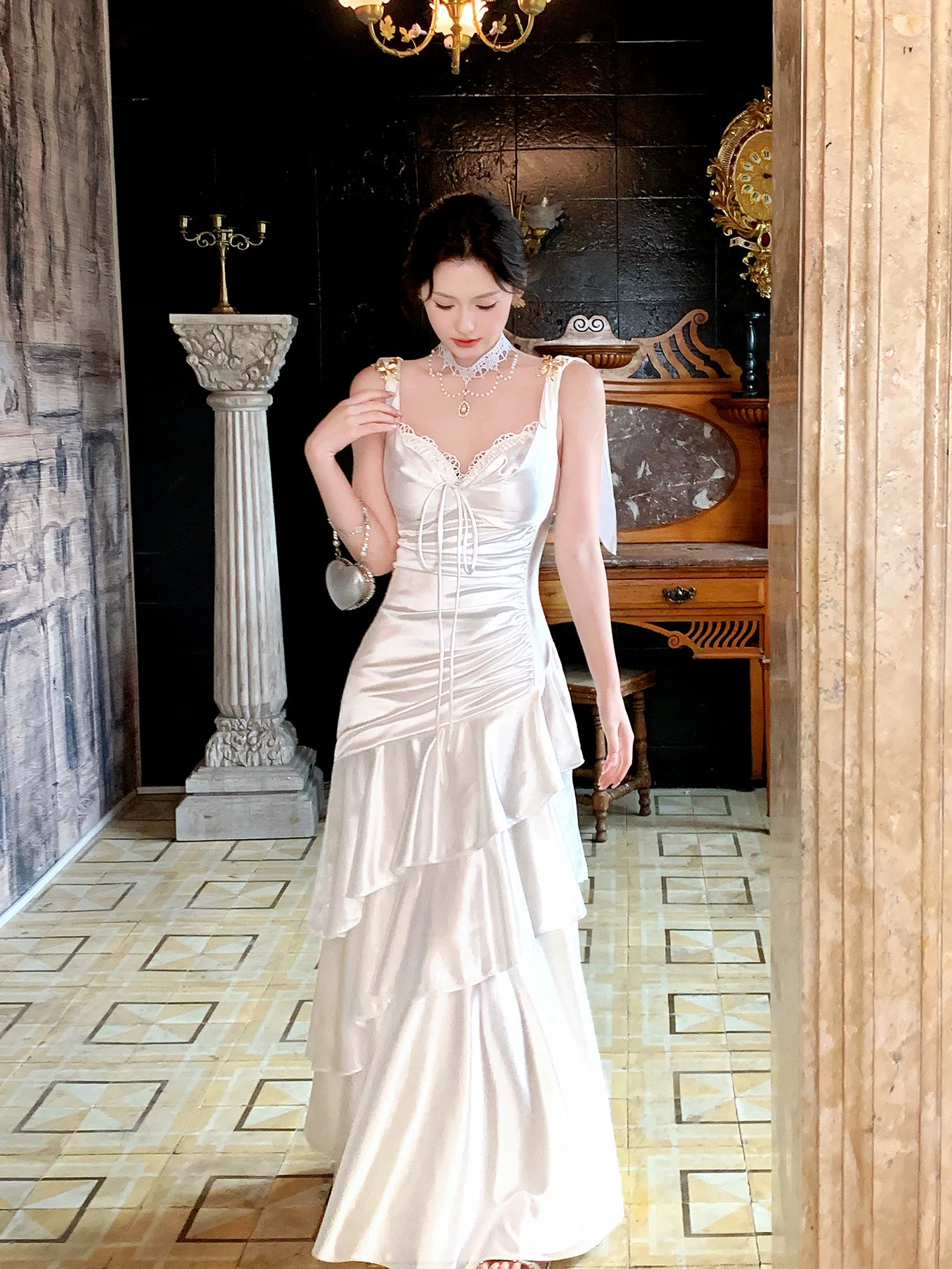 Spaghetti Strap Ivory Ruffled Graduation Dress Formal Prom Dress   P1250