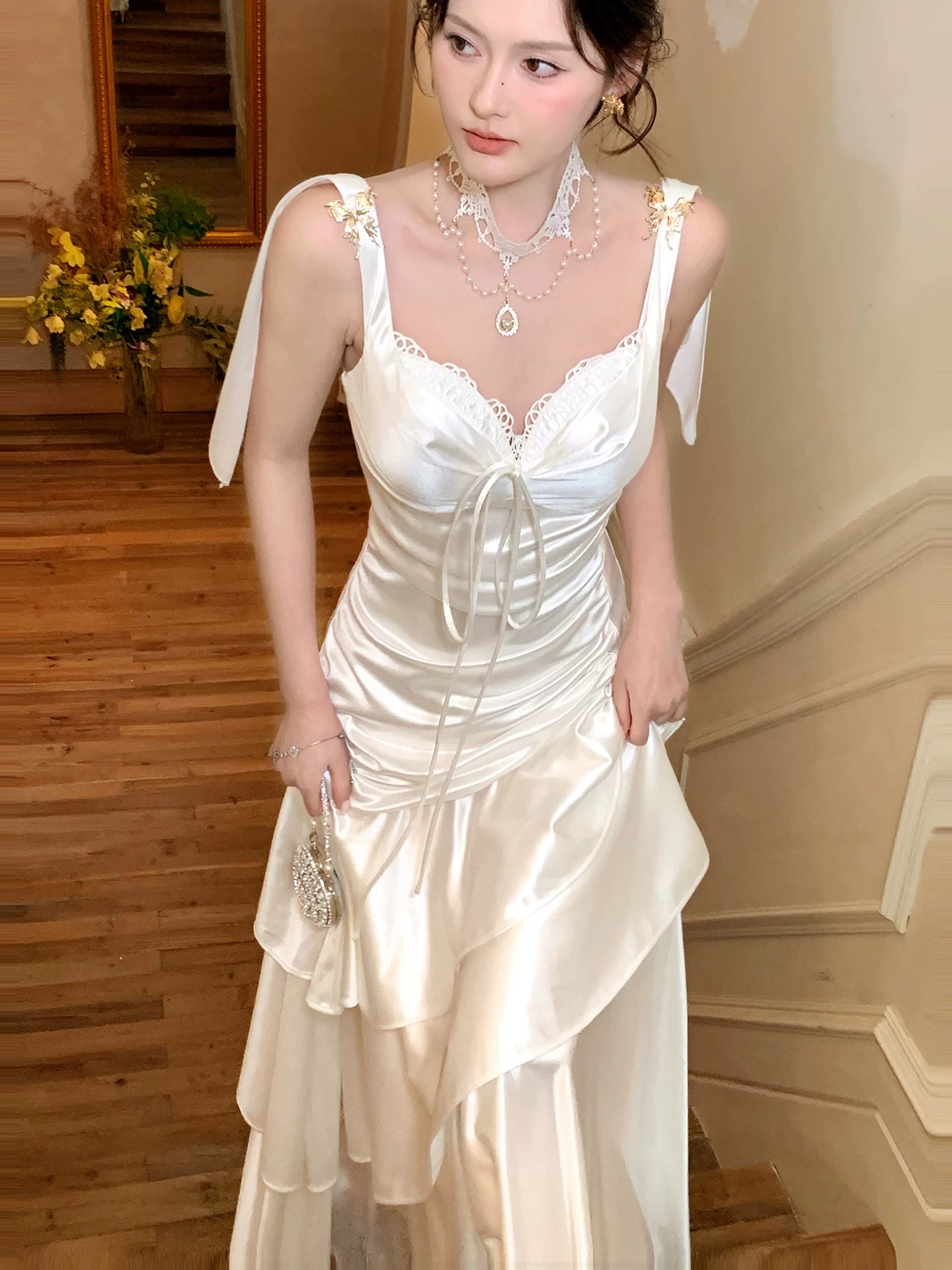 Spaghetti Strap Ivory Ruffled Graduation Dress Formal Prom Dress   P1250