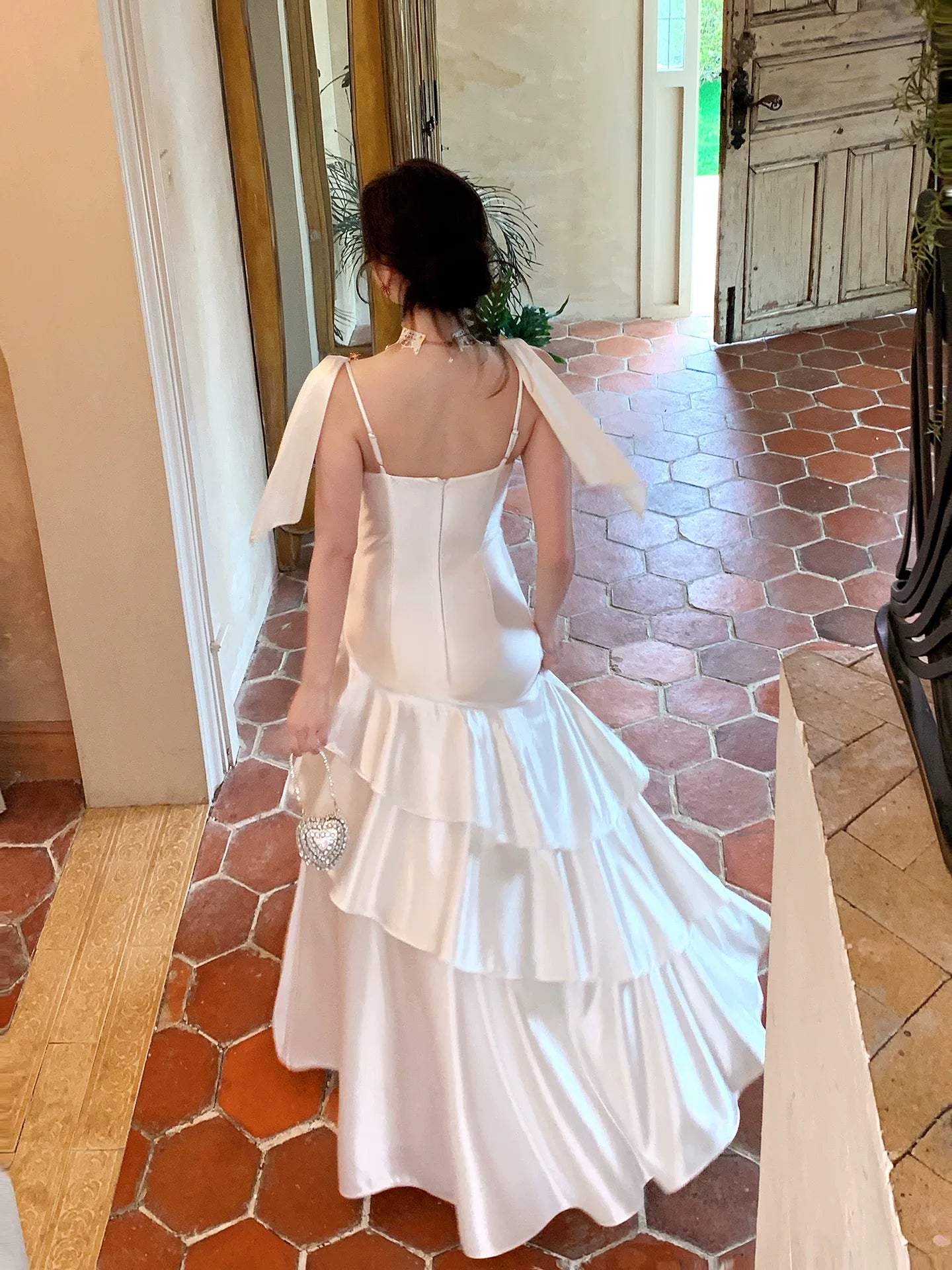 Spaghetti Strap Ivory Ruffled Graduation Dress Formal Prom Dress   P1250