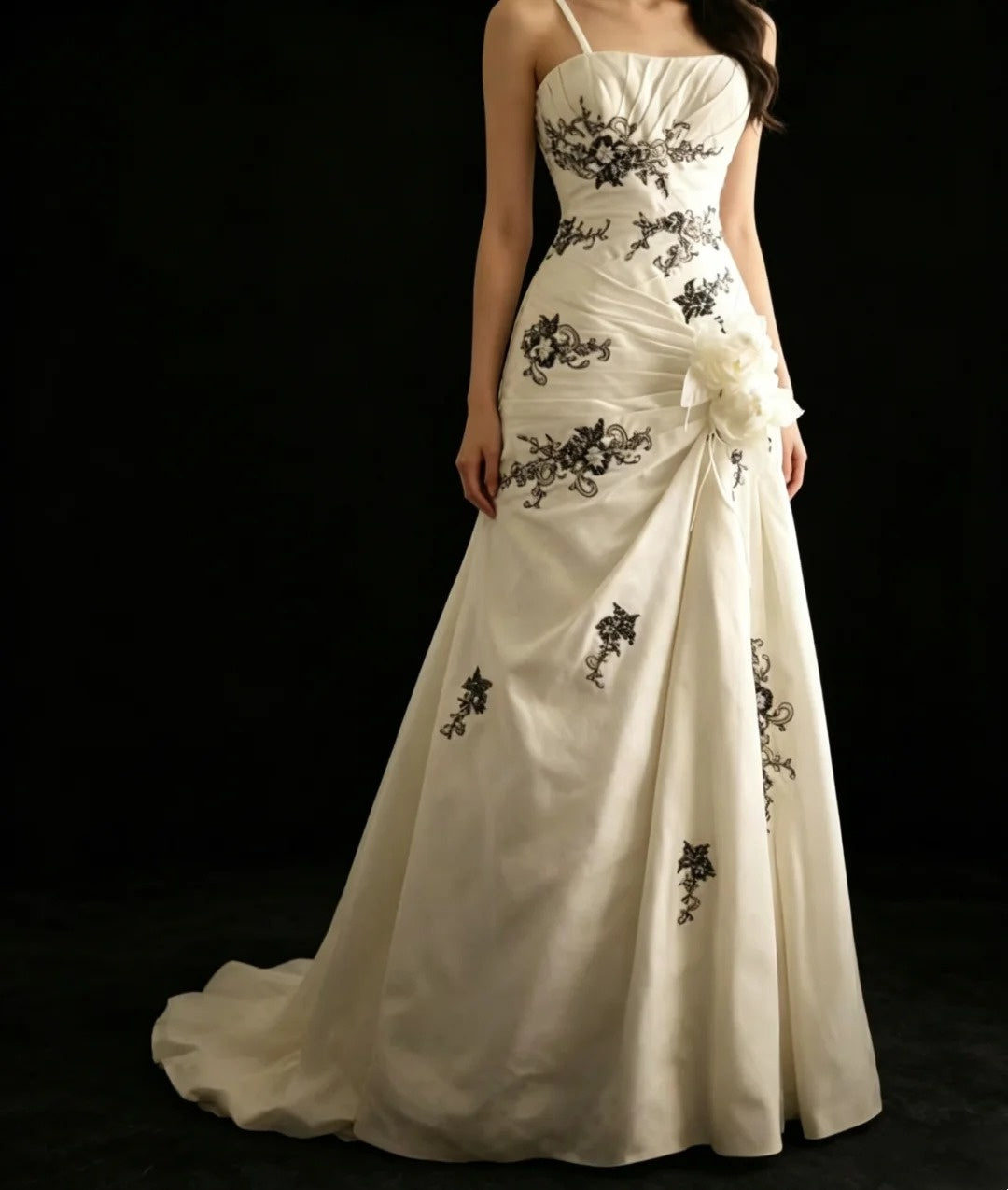 Spaghetti Strap Ivory Satin Wedding Dress With Black Appliques  P1210