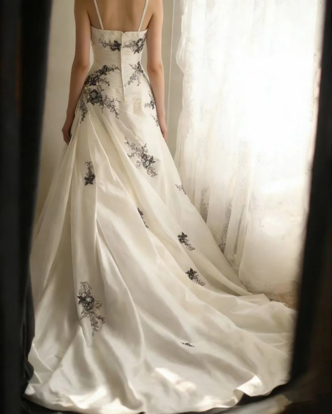 Spaghetti Strap Ivory Satin Wedding Dress With Black Appliques  P1210