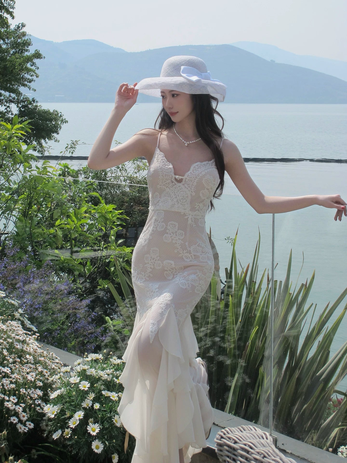 Spaghetti Strap Lace Ruffled Wedding Dress Mermaid  Evening Dress  L98