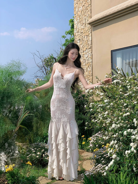 Spaghetti Strap Lace Ruffled Wedding Dress Mermaid  Evening Dress  L98