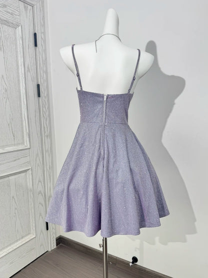Spaghetti Strap Lilac Sparkle Homecoming Dress Short Birthday Dress  P1300