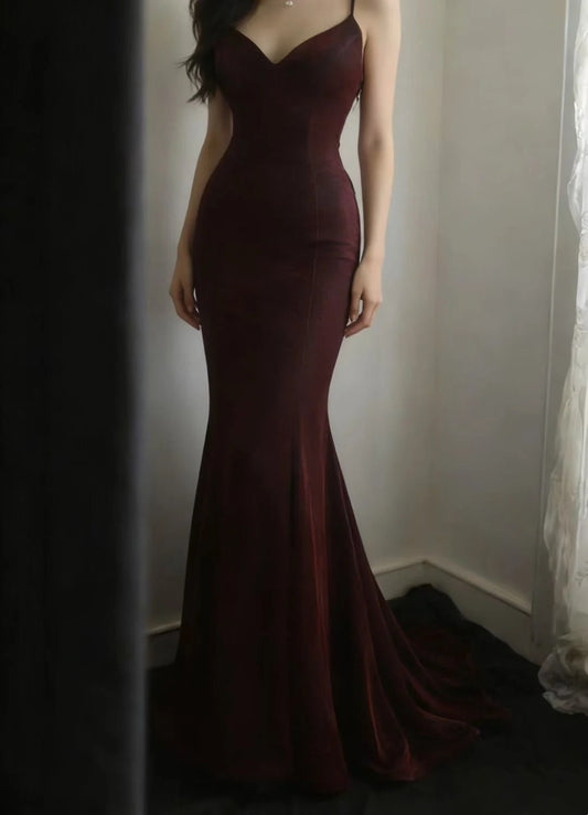 Spaghetti Strap Mermaid Burgundy Prom Dress Open Back Evening Gown  P1402